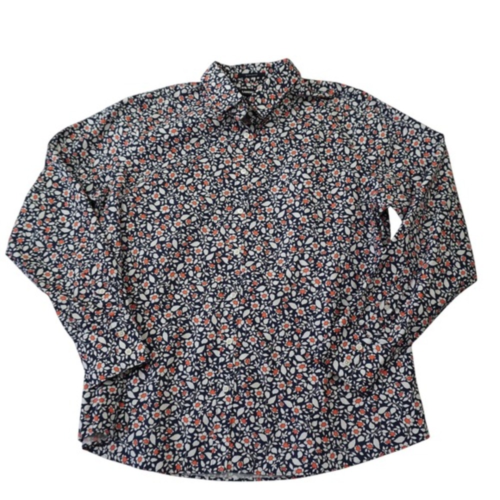 Lands' End Women's 16 Navy Orange Floral Button Down Shirt Navy Supima Cotton